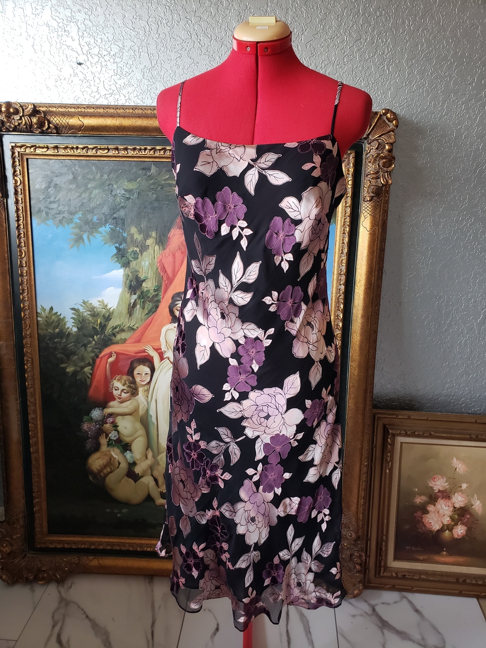 Spiegel Black Midi Slip Dress with Lavender and Blush Floral Print